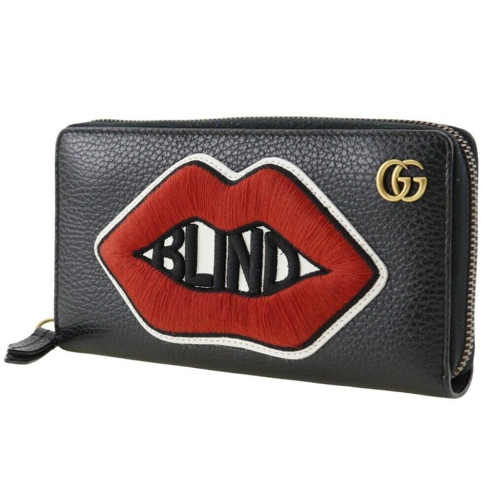 GUCCI Zip Around Purse 474584 Embroidery GG Marmont black leather unisex
